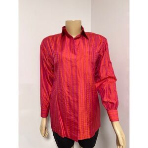 VTG Jim Thompson Pink Orange Iridescent 100% Thai Silk Check Button Down Shirt S